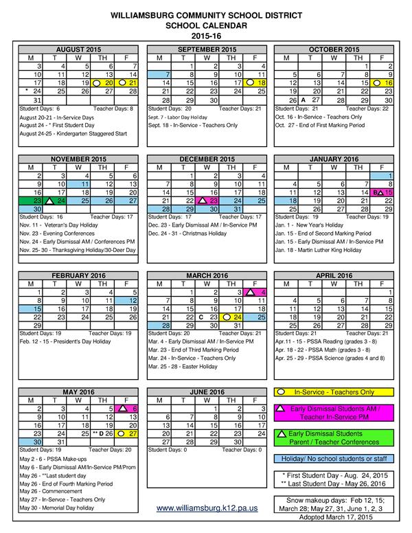 Williamsburg Community School District / Calendar